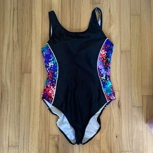 One piece black bathing suit with side panel detail size 12- brand: George